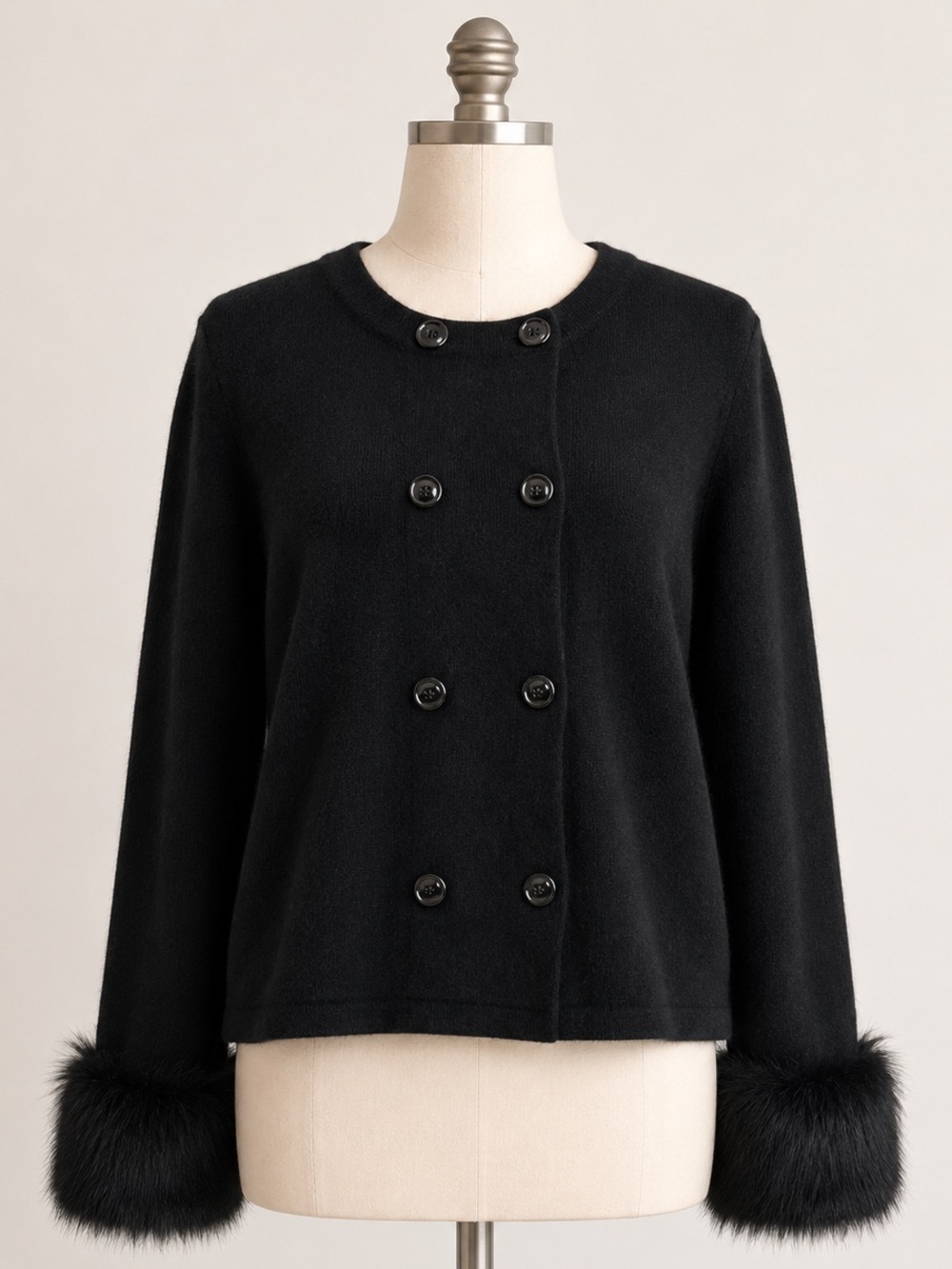 Banana Republic Italian Yarn Black Faux Fur Double Button Down Sweater- XL